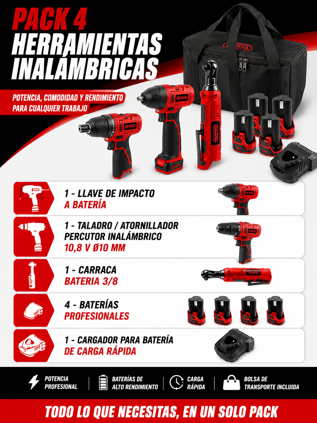 PACK 4 HERRAMIENTAS BATERIA + 4 BATERIAS